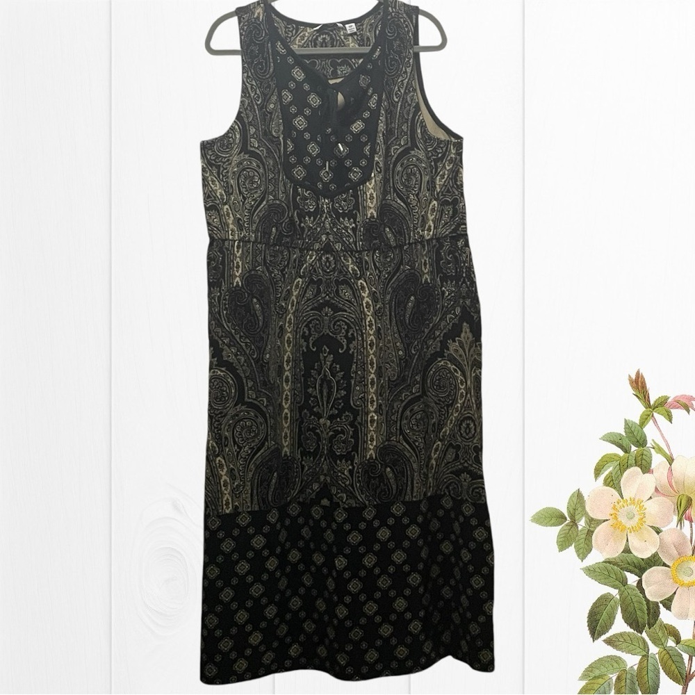 Isaac Mizrahi dress 1X midi/maxi sleeveless paisley design black/cream